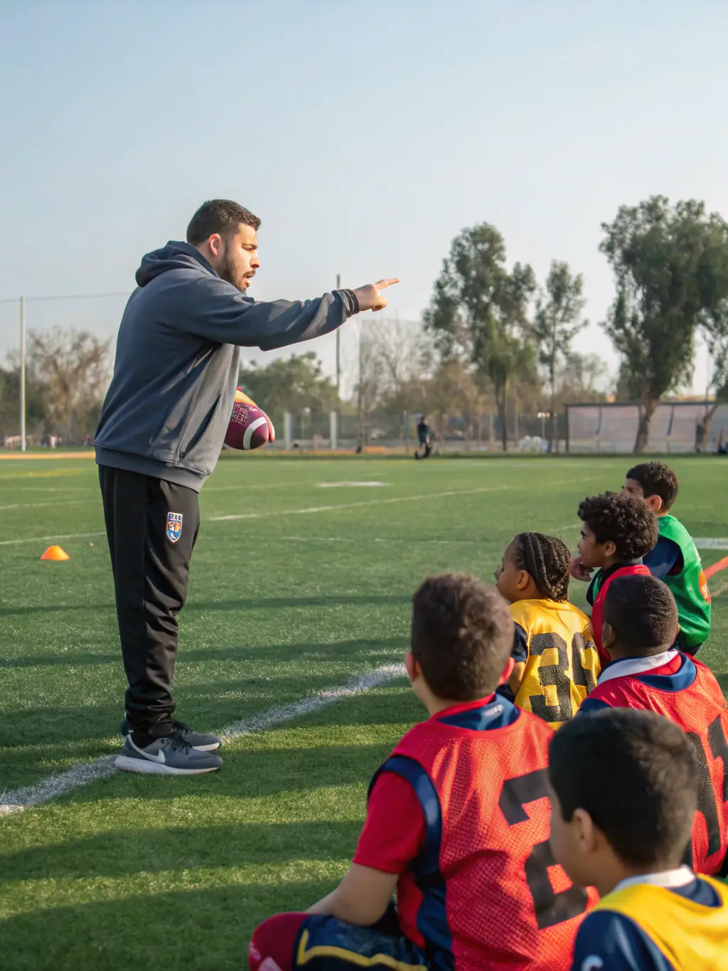 A photo of VFC VIERZON coaches leading a specialized training session, emphasizing tactical awareness and advanced techniques.