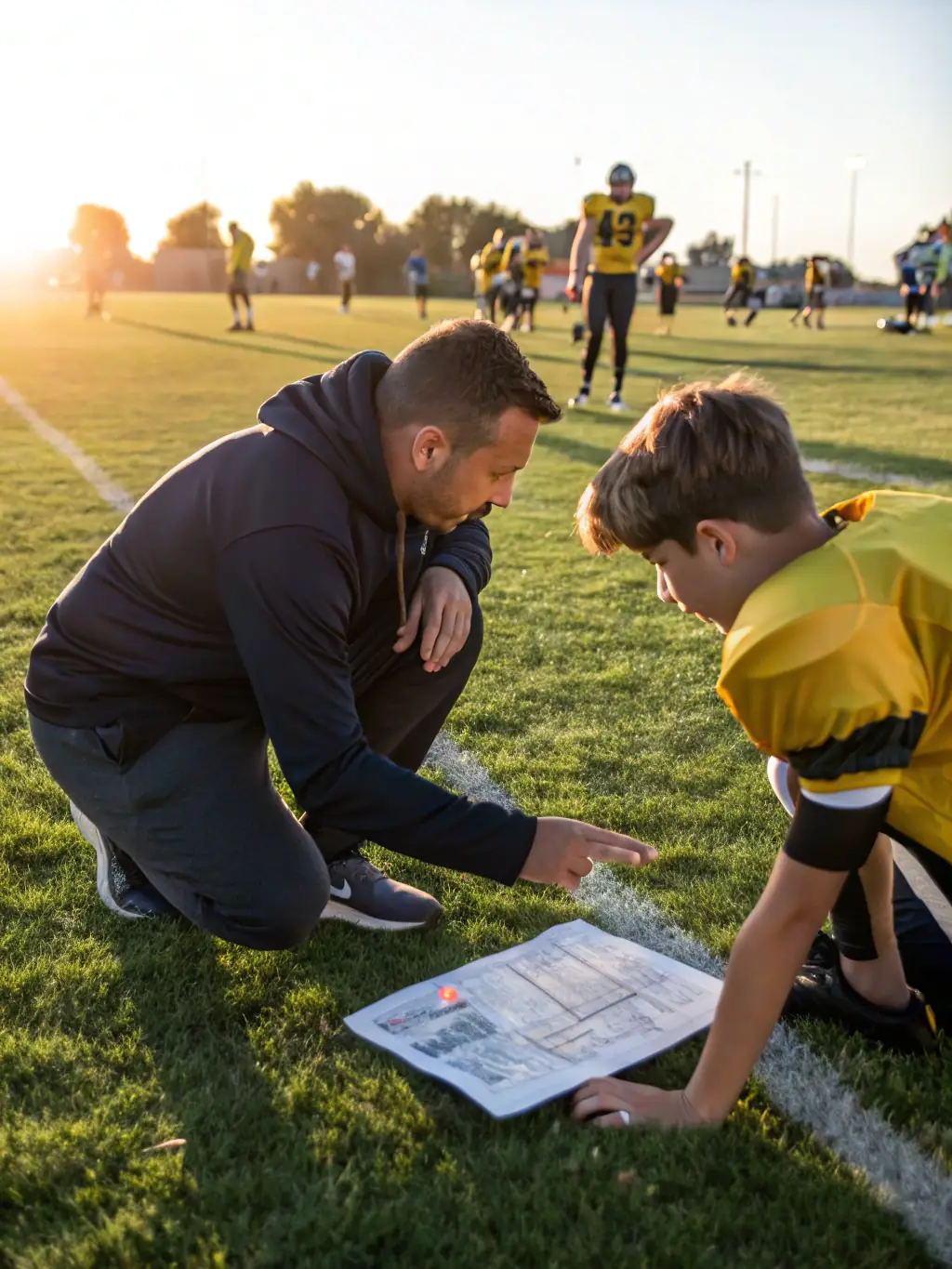 A dynamic image of VFC VIERZON coaches providing personalized training to young players on the field, emphasizing skill development and mentorship.